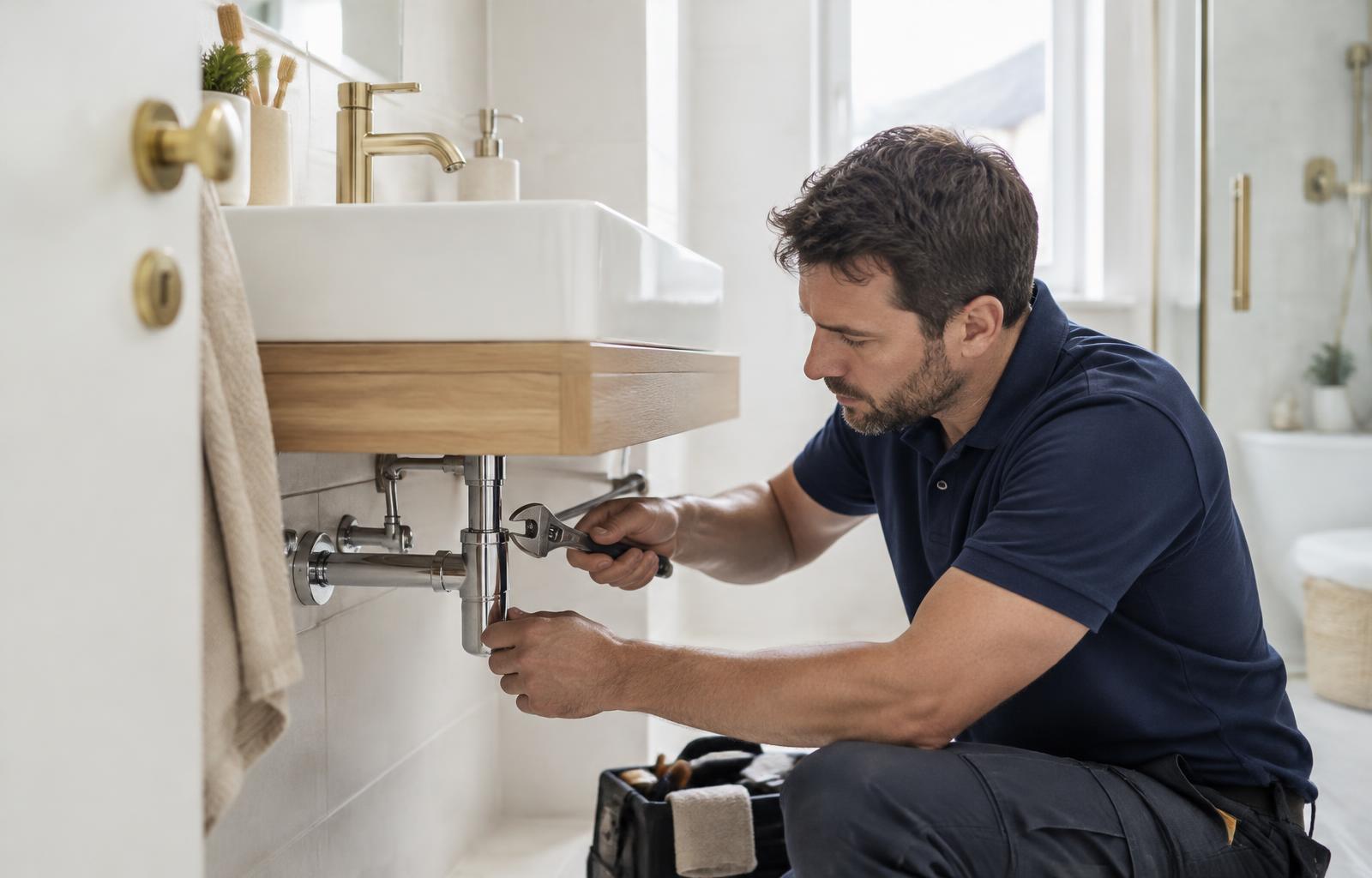 Plombier intervenant sur les raccordements d’un lavabo